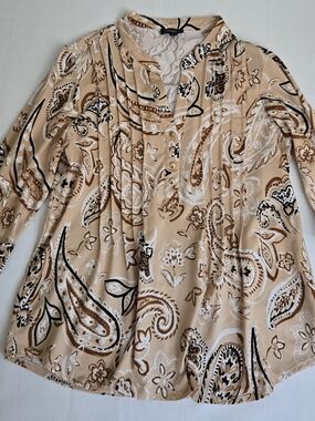 Cocomo Beige Paisley Pleated Neck Tunic Blouse, Size XL, Polyester/ Spandex